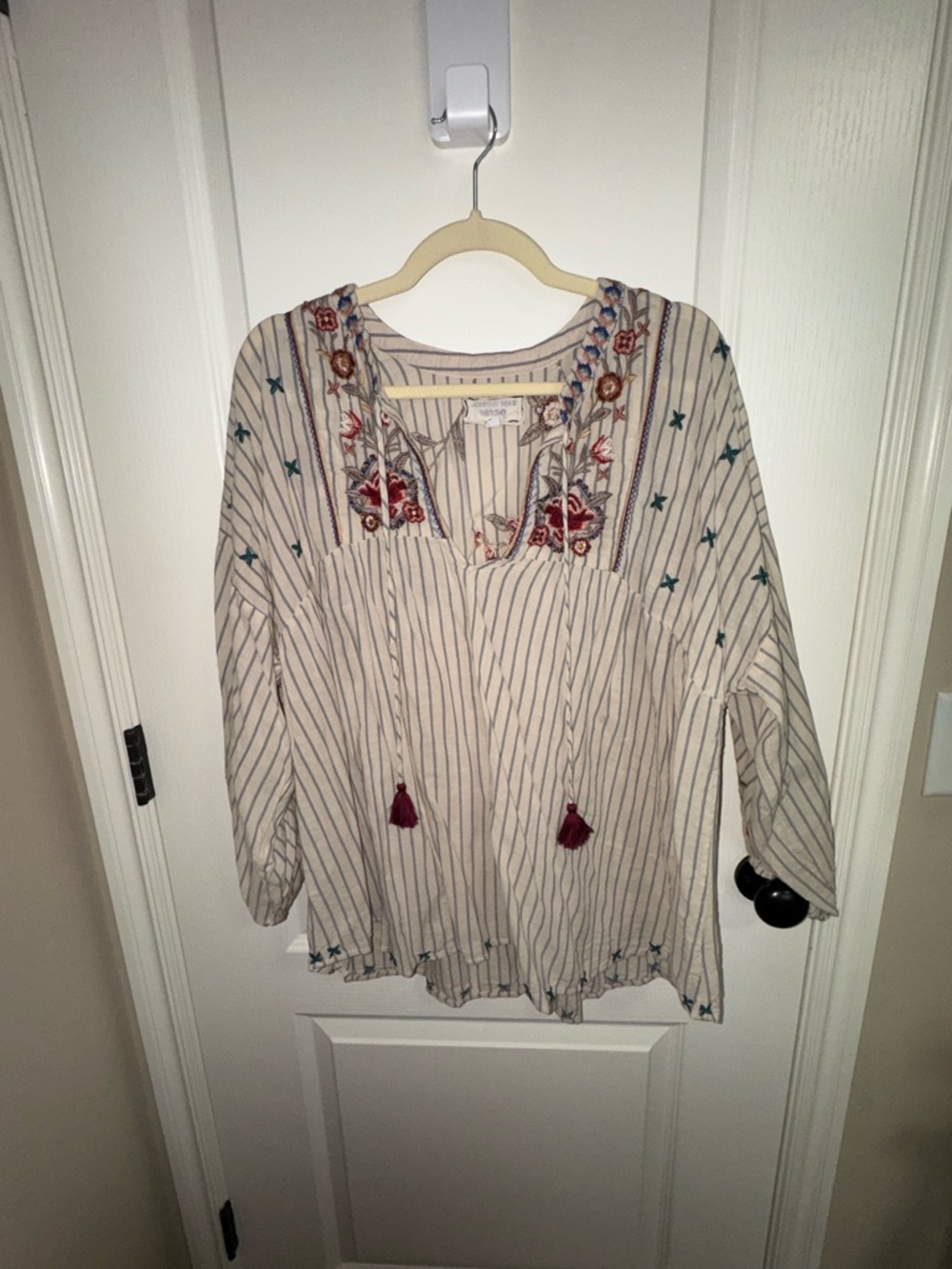 Johnny Was Workshop Embroidered Striped Tunic Top Boho Tassel XL